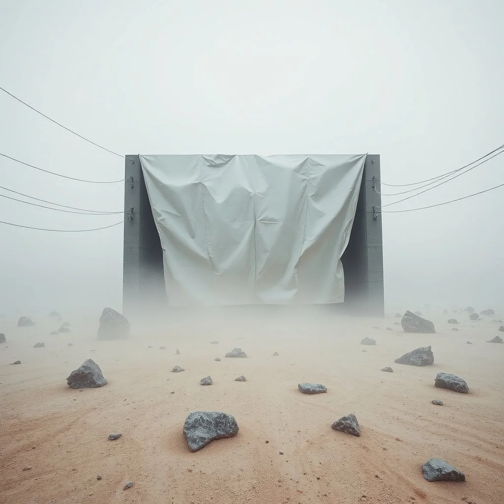 Photograph, wasteland, bright reflective aluminum cover, Truman show, fog, brutalist concrete architecture, room, rocce, grey sky, winter, liquid, polvere, red spot, open air museum style, wires, apparecchi elettronici, powder, minimalist, details of the dust very accentuated, deep 3d field