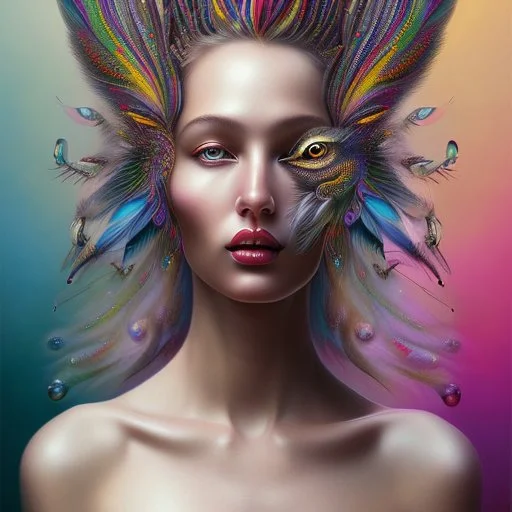 #Leonardai Starling , photorealistic ,pop surreal , lowbrow art ,enchanting portrait of a beautiful mature woman,representing a starling , feathers in her hair ,black and vibrant colors , sweet , magical , cosy warm light , whimsical, alluring , dazzling ,, expressive