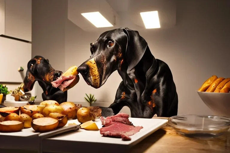 Great Danes stealing food off of a work surface in a kitchen, roast meat, potatoes, 8k resolution concept art hyperdetailed dynamic lighting DSLR maximalist matte background