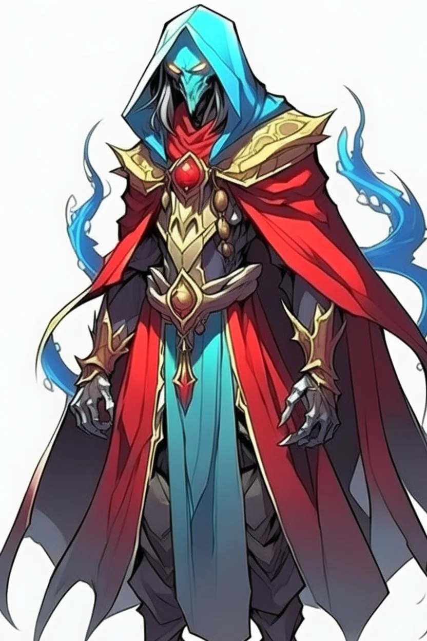 Anime alien villain character with rouge skin, huge , antagonist smart,too much modern armour and wearing a robe cover his head , aged thousand years and can Summons legendary monsters
