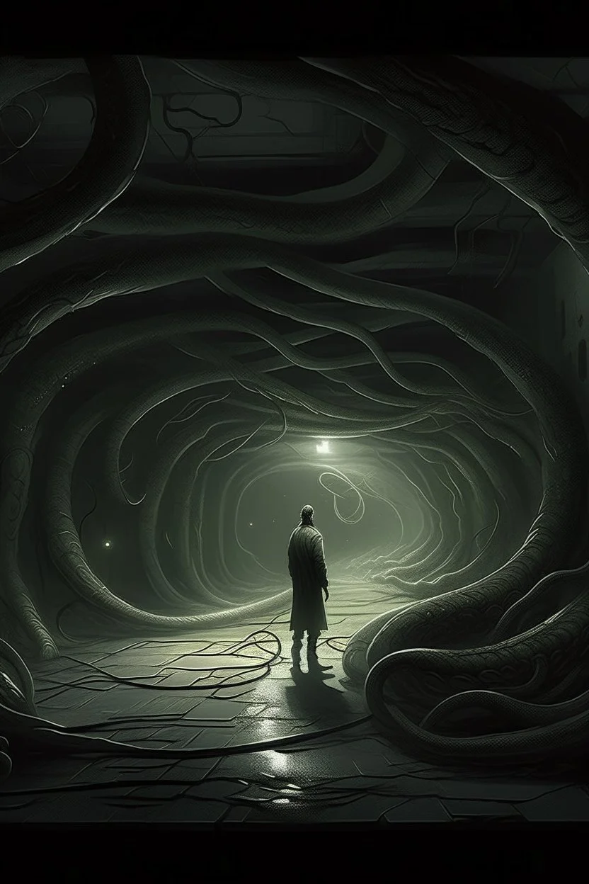 A surreal scene a tunnel-like structure filled with intertwined gray snakes heads , The tunnel is lined with countless writhing aliens bodies, creating a chaotic and nightmarish atmosphere. At the end of the tunnel, a solitary figure walks towards a distant light source, casting a glow that illuminates the scene. The overall color palette is muted with shades enhancing the ominous and unsettling mood. The level of detai