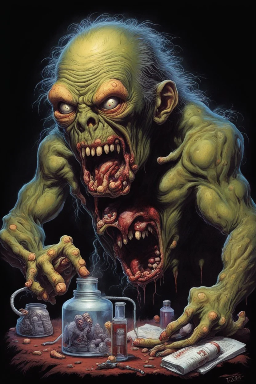 High_Quality_Art Digital Painting of Science experiment Horror Cronenberg Monster zombie creature by Richard Corben, Todd Schorr, T-Shirt Design, Black Background,