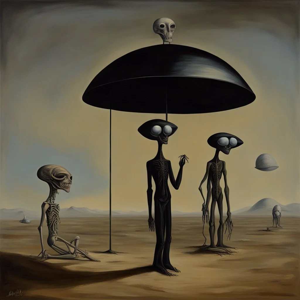 alien,surrealist painting called 'today I am thinking about death by dali and picasso and magritte and Breughel