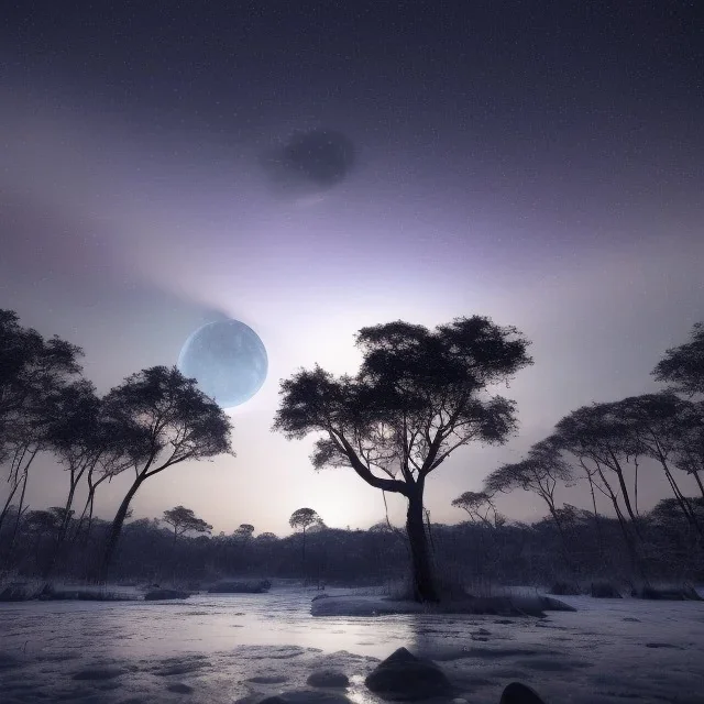 The giant moon streaks across the night sky like a big comet, amazon forest with snow and ice