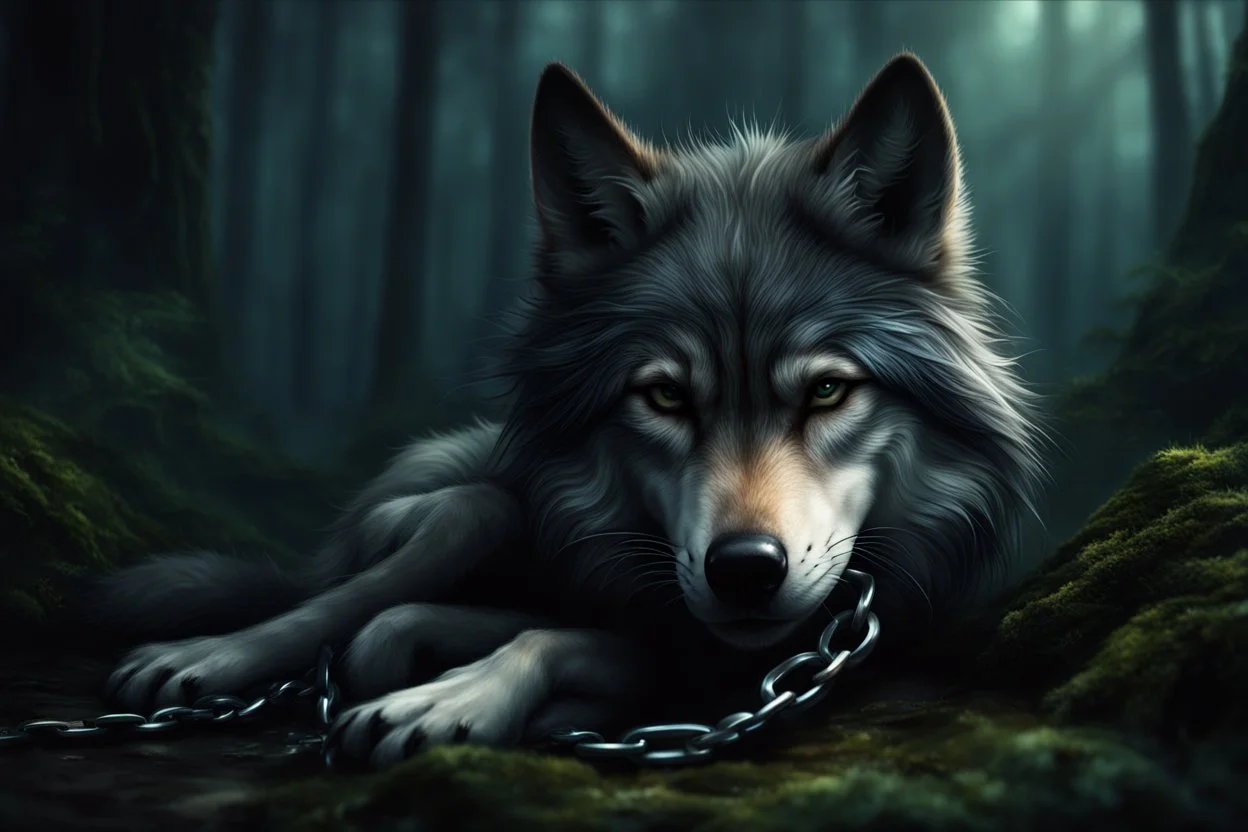 sad small scruffy wolf with a chain around its neck laying down eyes closed, photorealistic, dark fantasy, forest