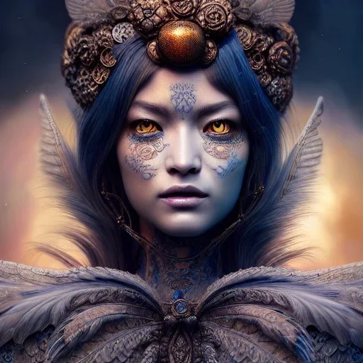 Insanely detailed photograph of an elaborate beautiful hawk goddess intricate glowing skin eyes intricate face hair lashes fur dress hyperdetailed painting by Anna Dittmann Huang Guangjian and Dan Witz CGSociety ZBrush Central fantasy art album cover art 4K 64 megapixels 8K resolution HDR Greek shiny space colours jewelry celestial hair eyes light"