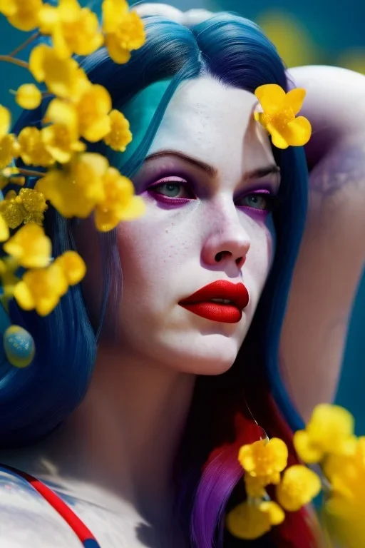 Liv Tyler Harley Quinn underwater with yellow flowers for hair, closed eyes, rtx, reflection, 8k, glow, winning photography, caustics