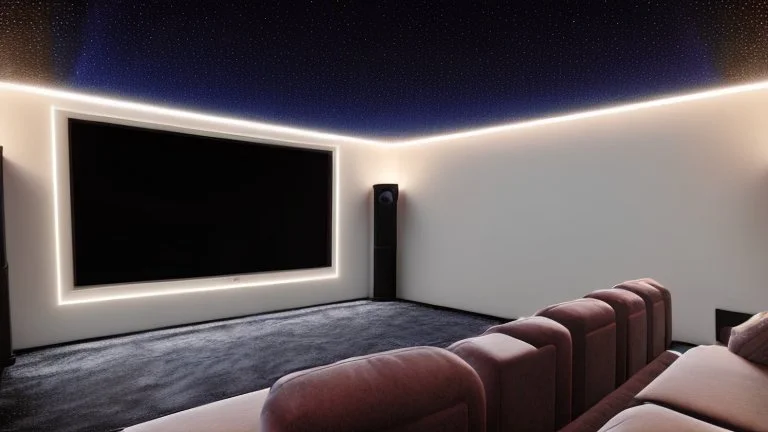 Generate an image of a sleek home cinema with a star-lined ceiling