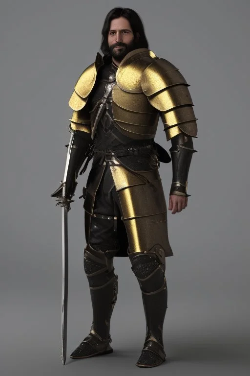 A handsome 30 year old knight, black hair, male bob haircut, in black-and-gold plate armor, golden katana in both hands, no beard, european