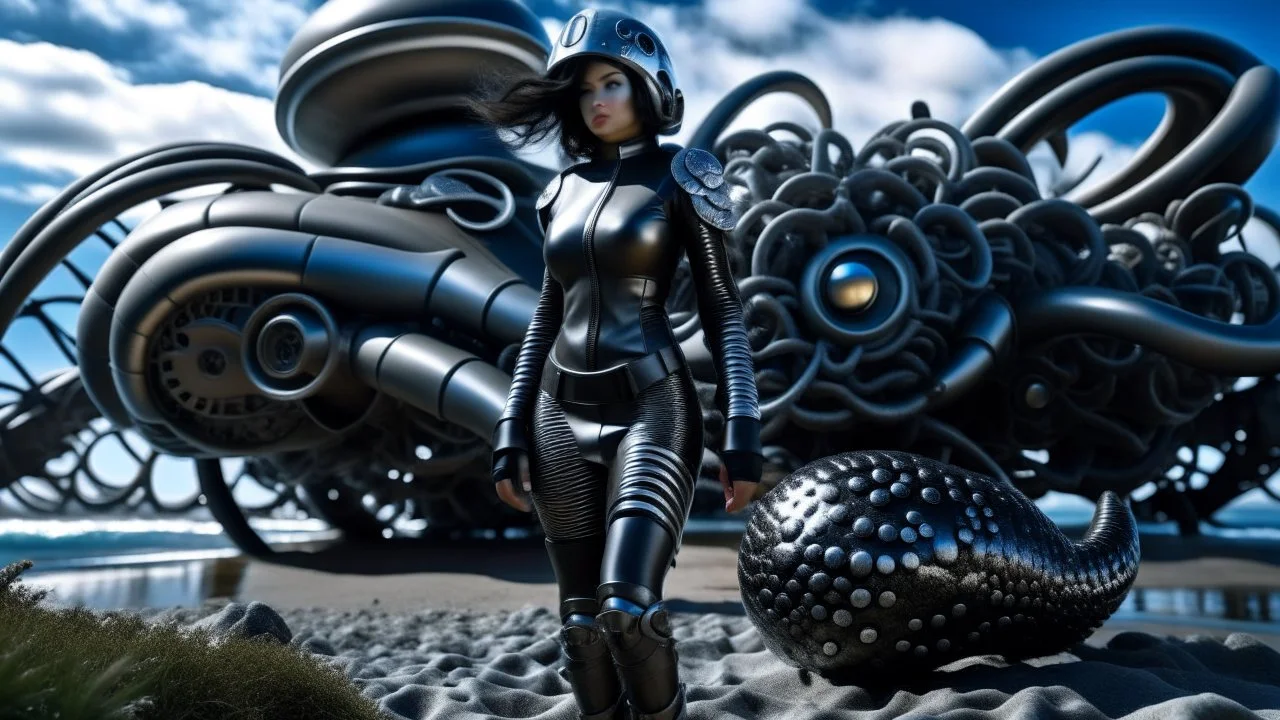 A woman with dark hair in a silver robotic catsuit, standing on a beach with a crashed spaceship in the water behind her, with flying mushrooms looking like parasols, with octopus tentacles in the air