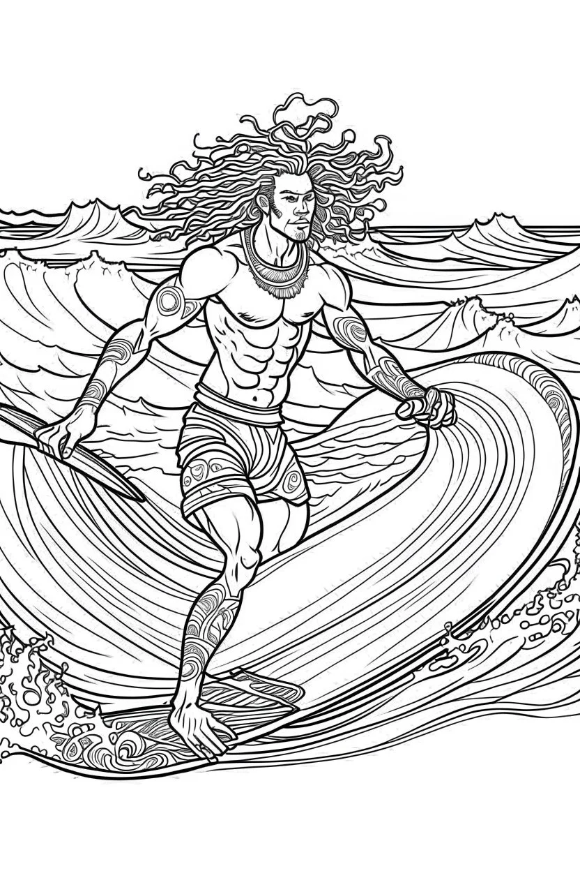 Outline art for coloring page OF A BUFF NATIVE SURFER WITH BIG CURLY KINKY HAIR WEARING SHORTS RIDING A SURFBOARD ON A WAVE, coloring page, white background, Sketch style, only use outline, clean line art, white background, no shadows, no shading, no color, clear