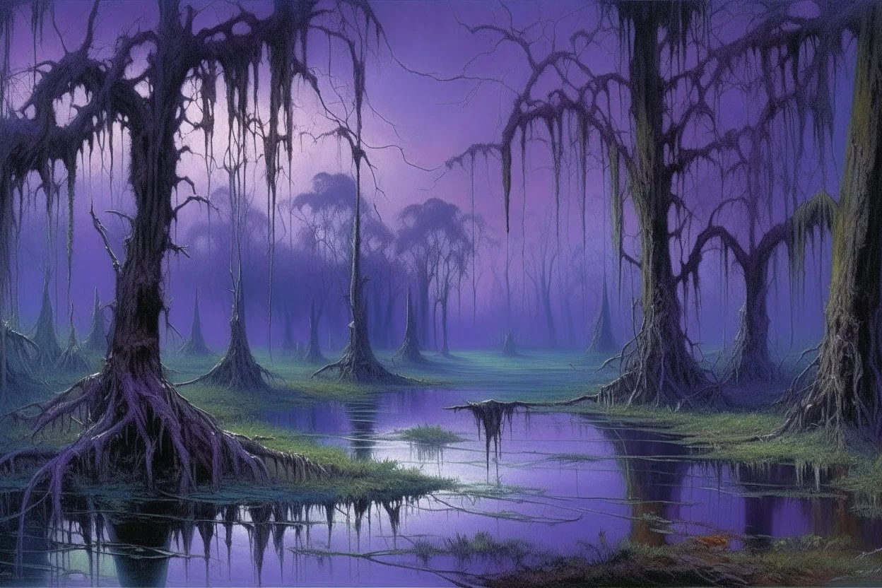 A purple haunted swamp with ghostly spiders painted by Claude Monet