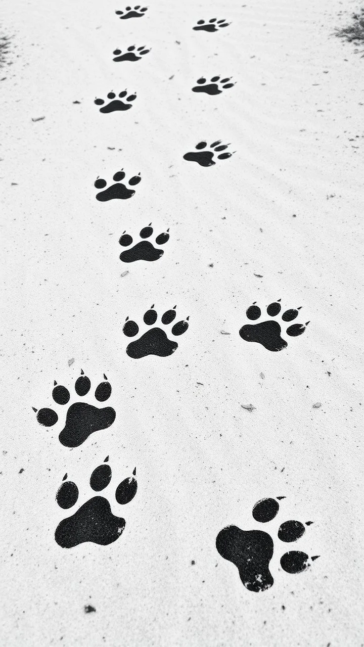 a path of dog prints, black on white