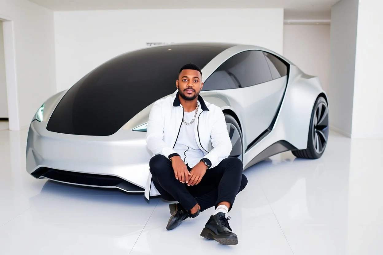 The image shows a man sitting on the floor in front of a futuristic-looking silver Tesla Cybertruck. The man is wearing a white jacket, black pants, and black shoes, accessorized with a chain necklace. The setting appears to be a sleek, minimalistic indoor showroom with white floors and walls, giving the scene a modern, high-tech atmosphere.