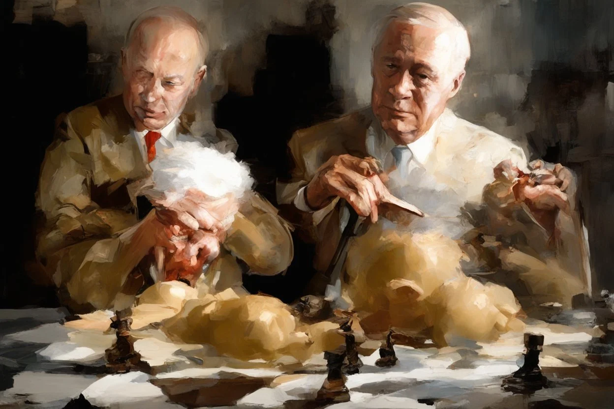 Putin, President Xi Of China And Joe Biden Play Chess With Atomic Bomb Mushroom Cloud,Complex Surgical Instruments Intermixed With A Newborn Boy,Minimalism,Painting By Adrian Ghenie,Rene Magritte,Pablo Picasso,Michelangelo,Salvador Dali,Lucian Freud