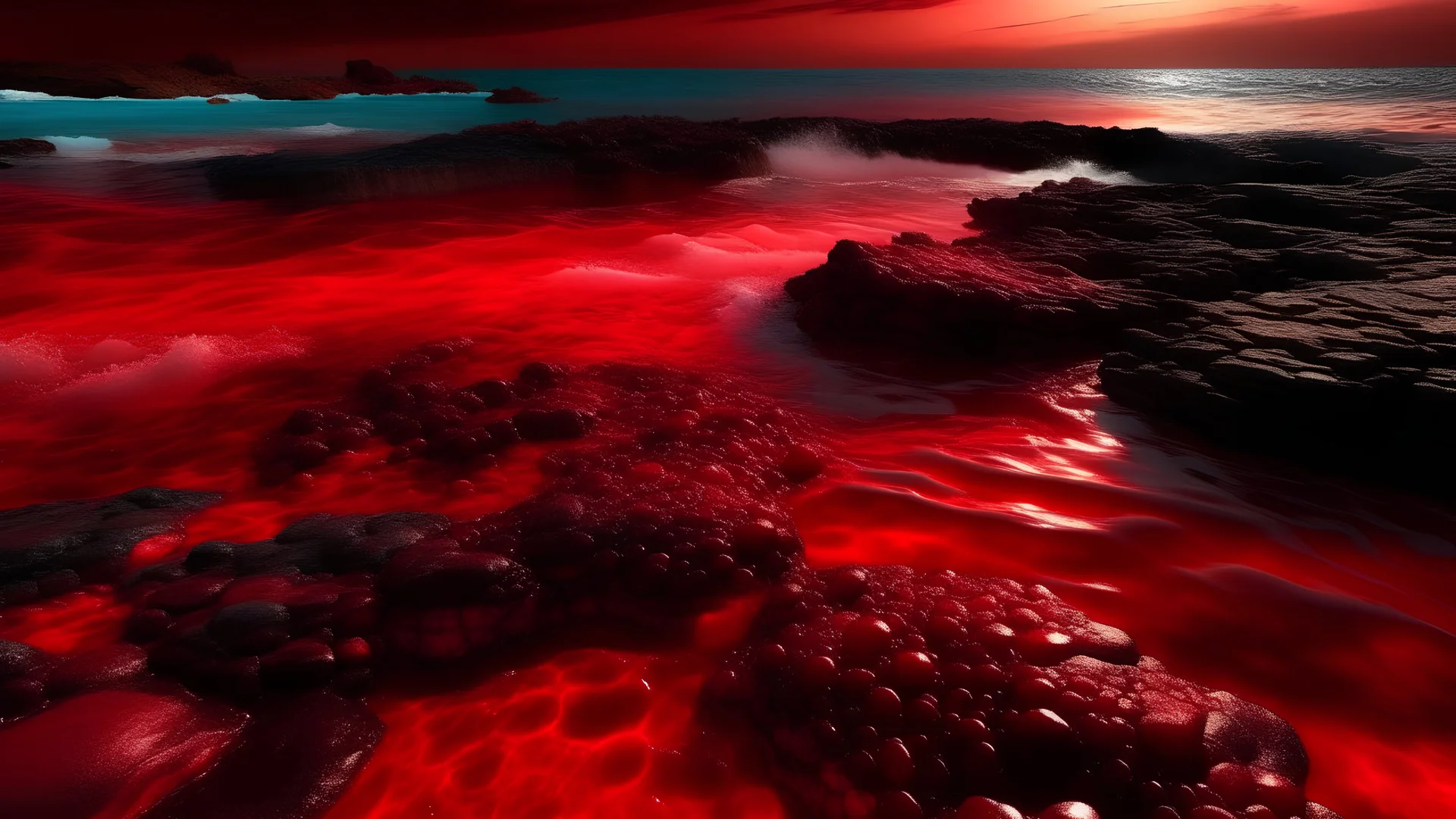 Vermilion Tides A vast, crimson sea, shimmering with bioluminescent algae under a perpetual twilight sky, its waves crash against ancient stone archipelagos, revealing hidden caves and coral reefs teeming with vibrant, alien life.