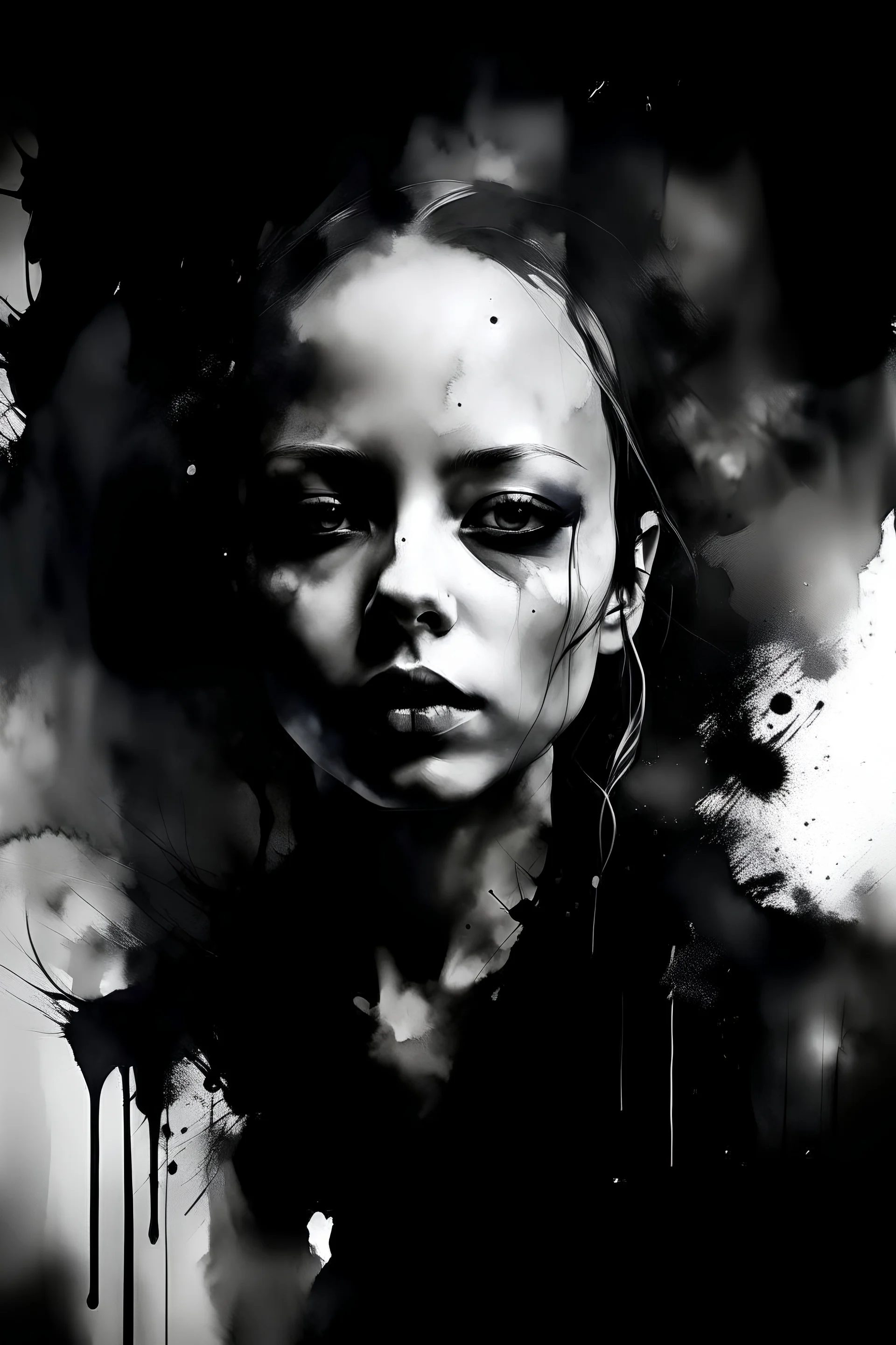 A atmospheric abstract portrait of a women (neofigurative, abstractionism). Look like a watercolor. All black. Horror