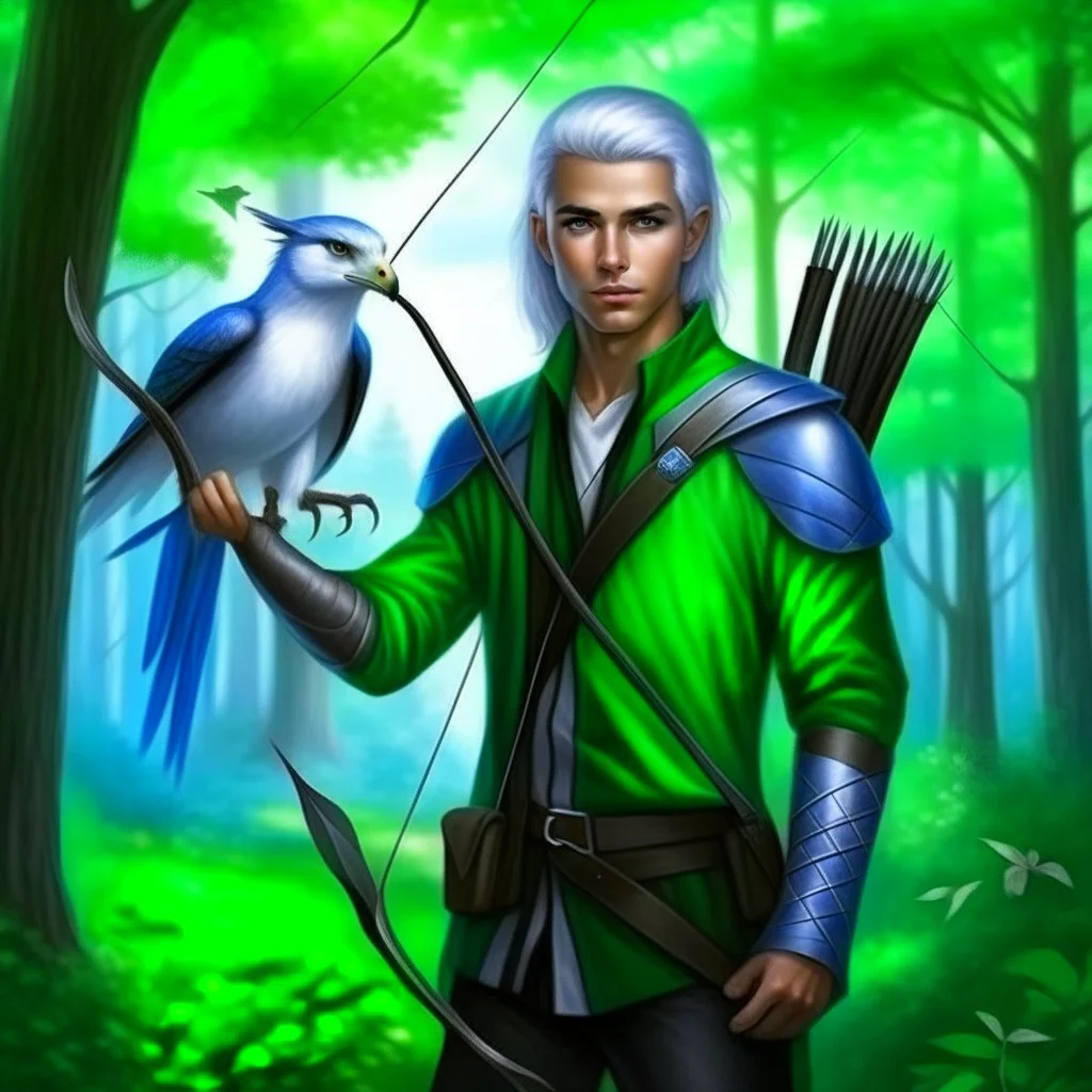 Please create an image for a young elven male with light brown skin, silver hair, and green eyes. He is standing outside in the forest during springtime, wearing leather armor and wielding a large crossbow. He is accompanied by a mechanical bird, a walking suit of armor, and an owl