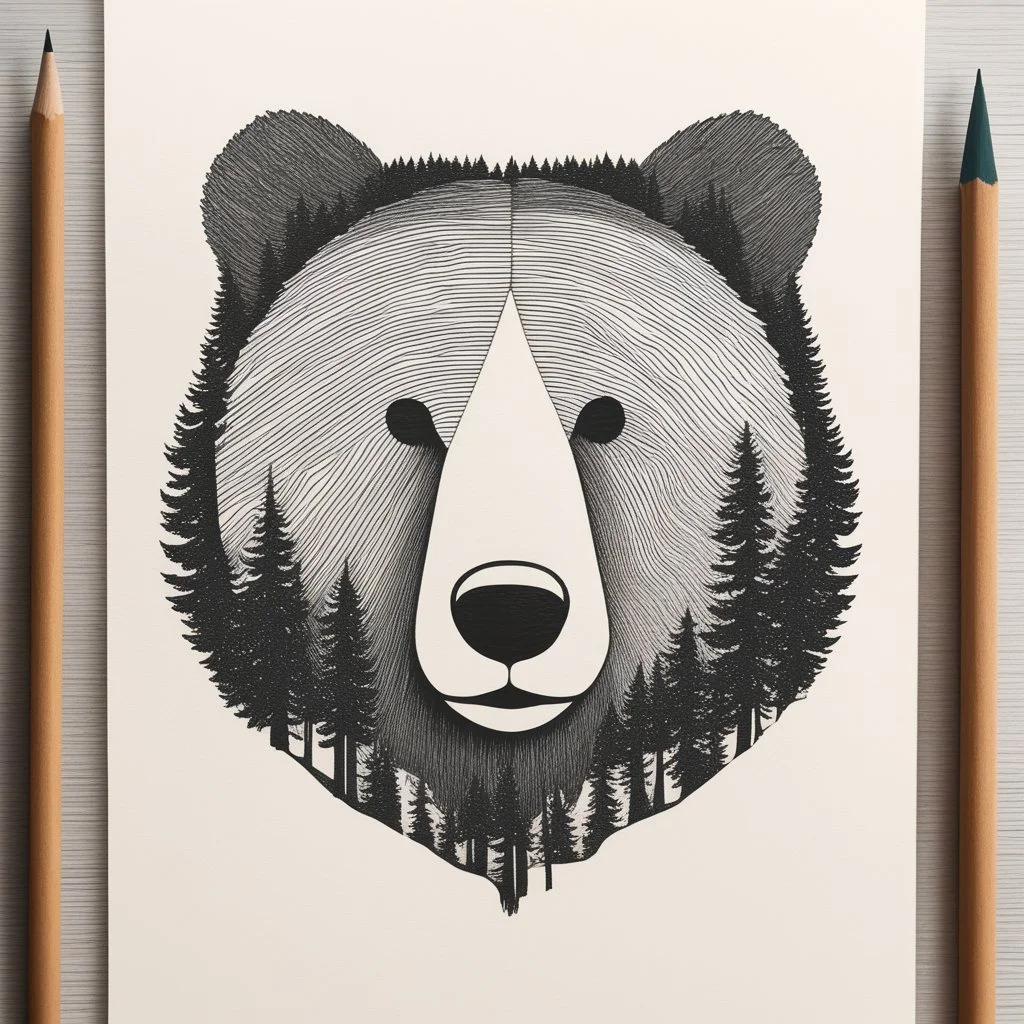 M shaped bear head combined with lots of woods silhouette in background, letterpress style, minimalistic pencil art