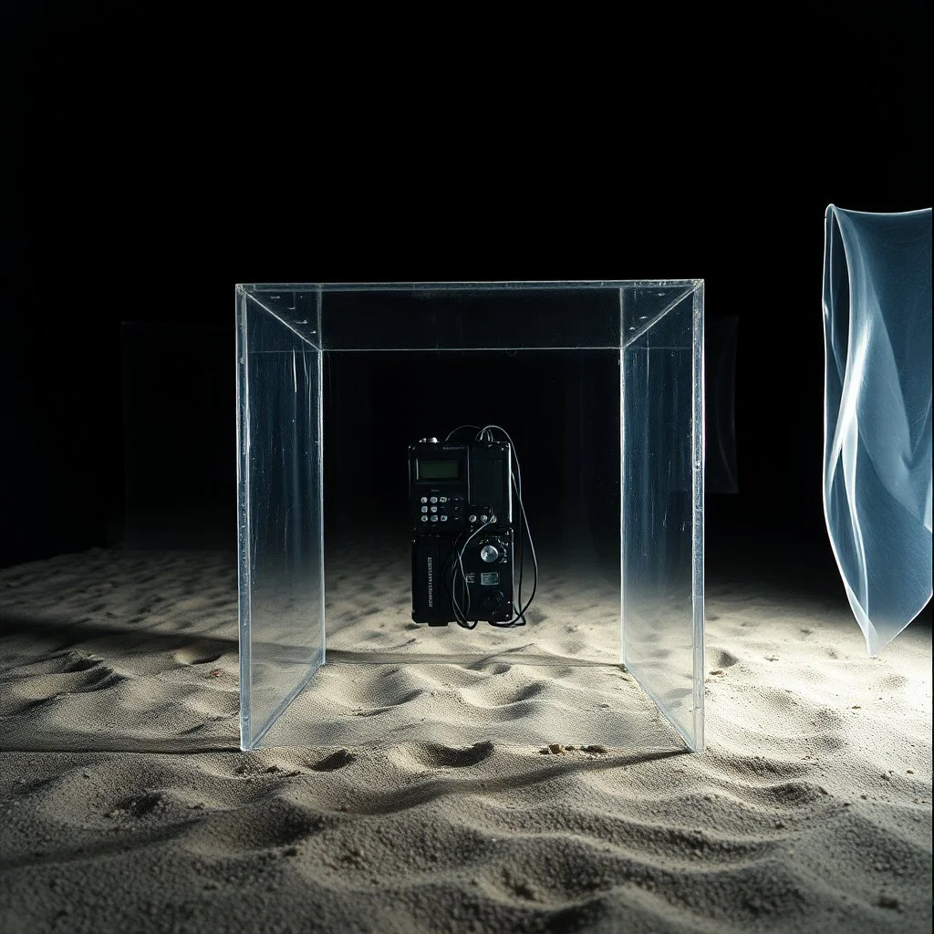 A photo of a dark, closed environment in a dark closed space. At the center, a transparent structure made of plastic encloses some electronical devices. The surface below appears to be sandy, with small accumulations of sand. In the background, other forms or structures are visible, some of which are thin and transparent. The photo was taken with a Hasselblad H6D 400c camera.