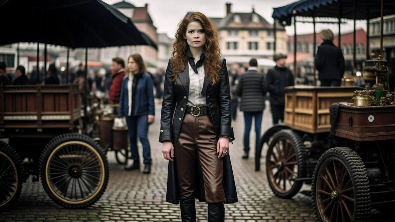 full-length portrait of a pale-faced woman with auburn wavy shoulder-length hair, with metal arms and legs, dressed in leather trousers and jacket, with a blouse, standing beside a steam carriage in a busy market square