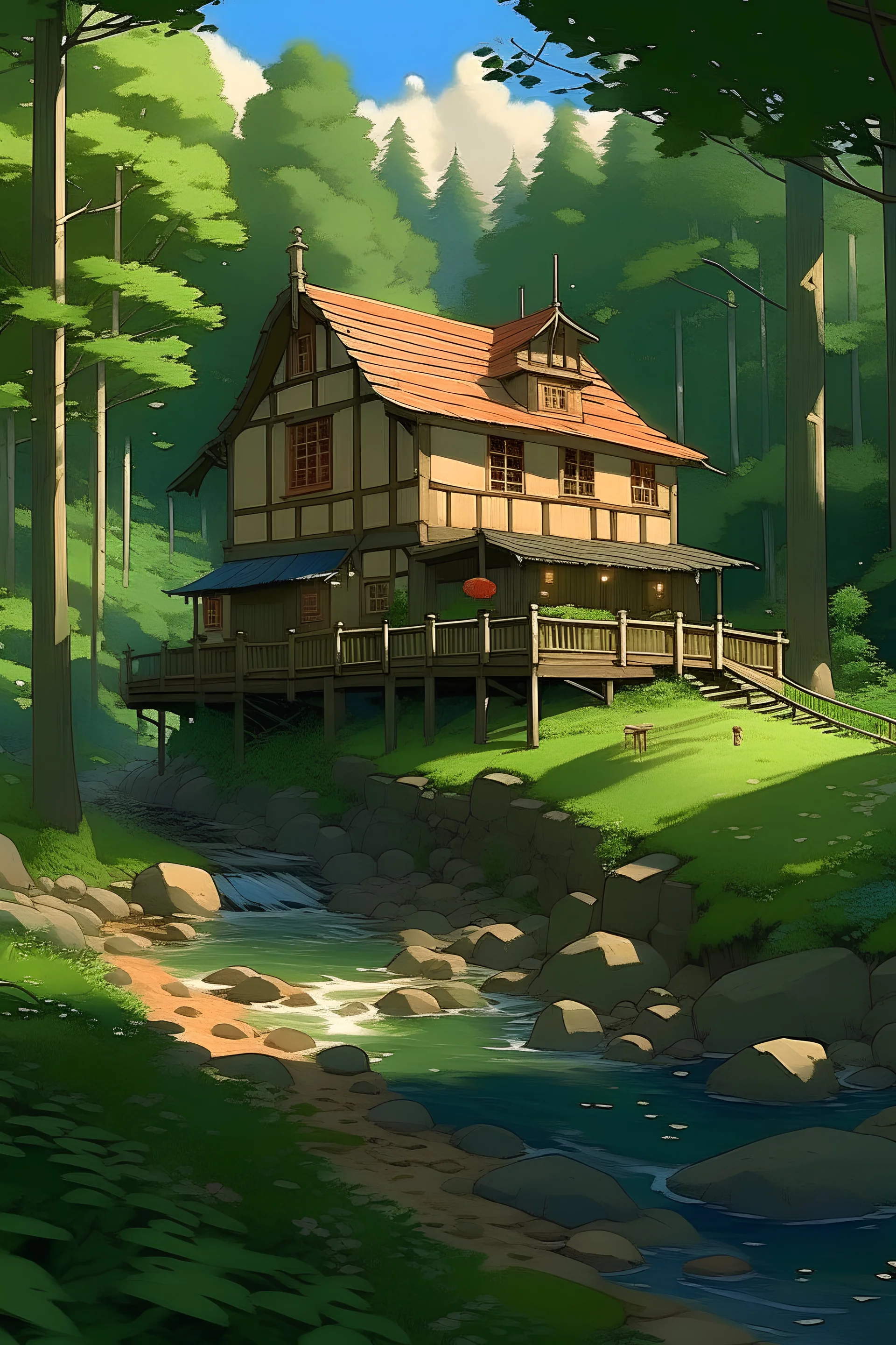 uma hmilde casinha na floresta, com uma varanda perto de um riacho, ghibli style