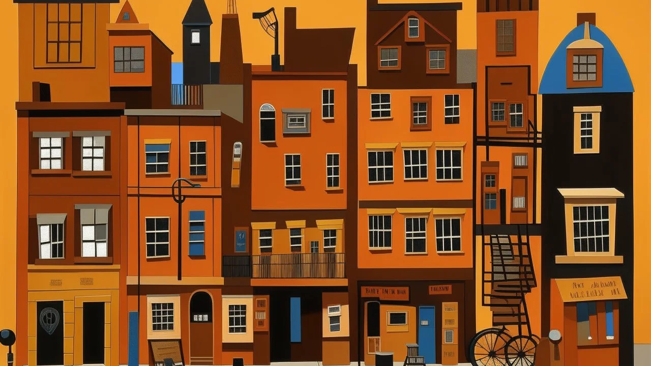 A brown town with buildings made out of instruments painted by Stuart Davis