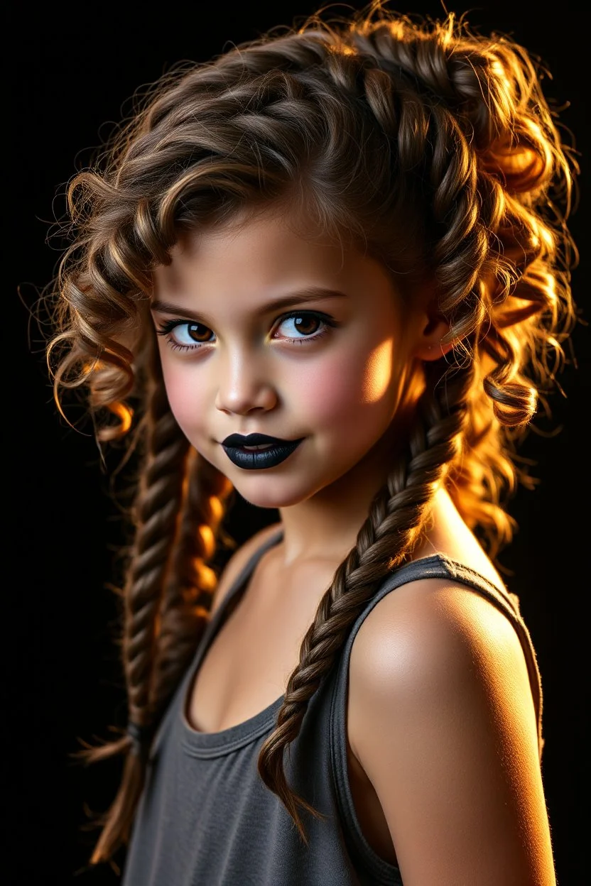 A young girl , human, curled long braids, black lipstick, wearing a tank top, sci-fi Star Wars ambience. She has a side mischievous smile. Soft lighting. Black background