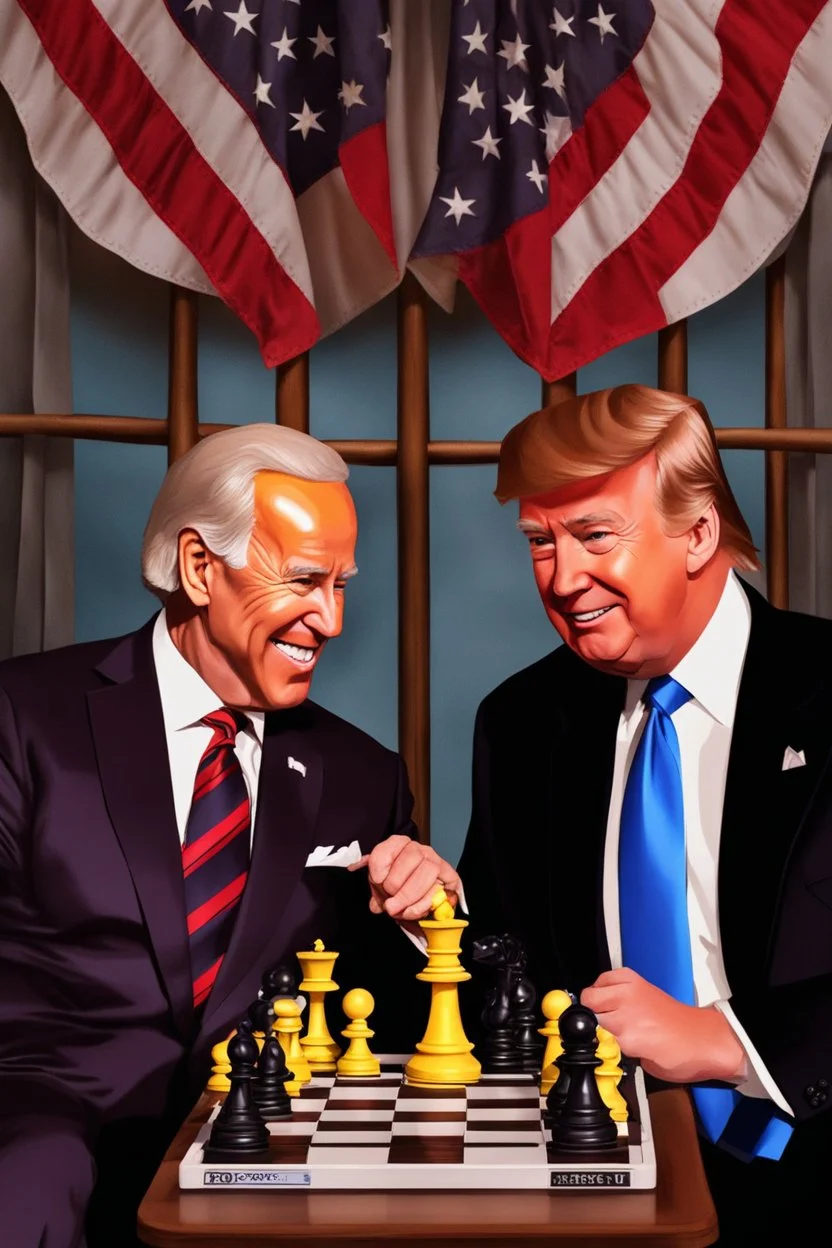 A hyper-realistic , Joe Biden and Trump in a game of chess,Trump smiling ,Biden angry, 64K, hyperrealistic, vivid colors, (glow effects:1.2) , 4K ultra detail, , real photo