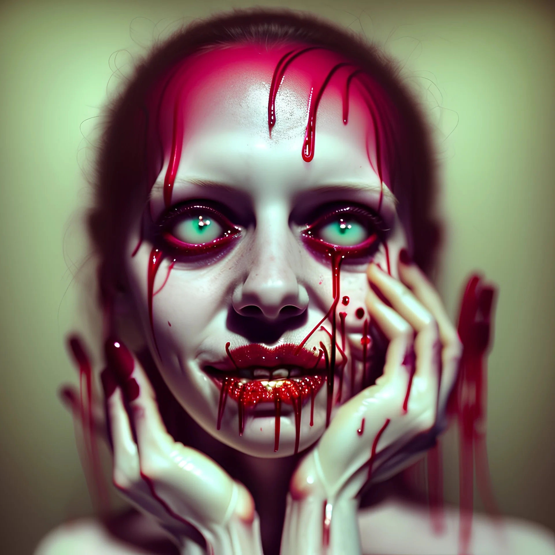 woman, anormal limbs, smiling, creepy, dripping blood, 8k, macro photography