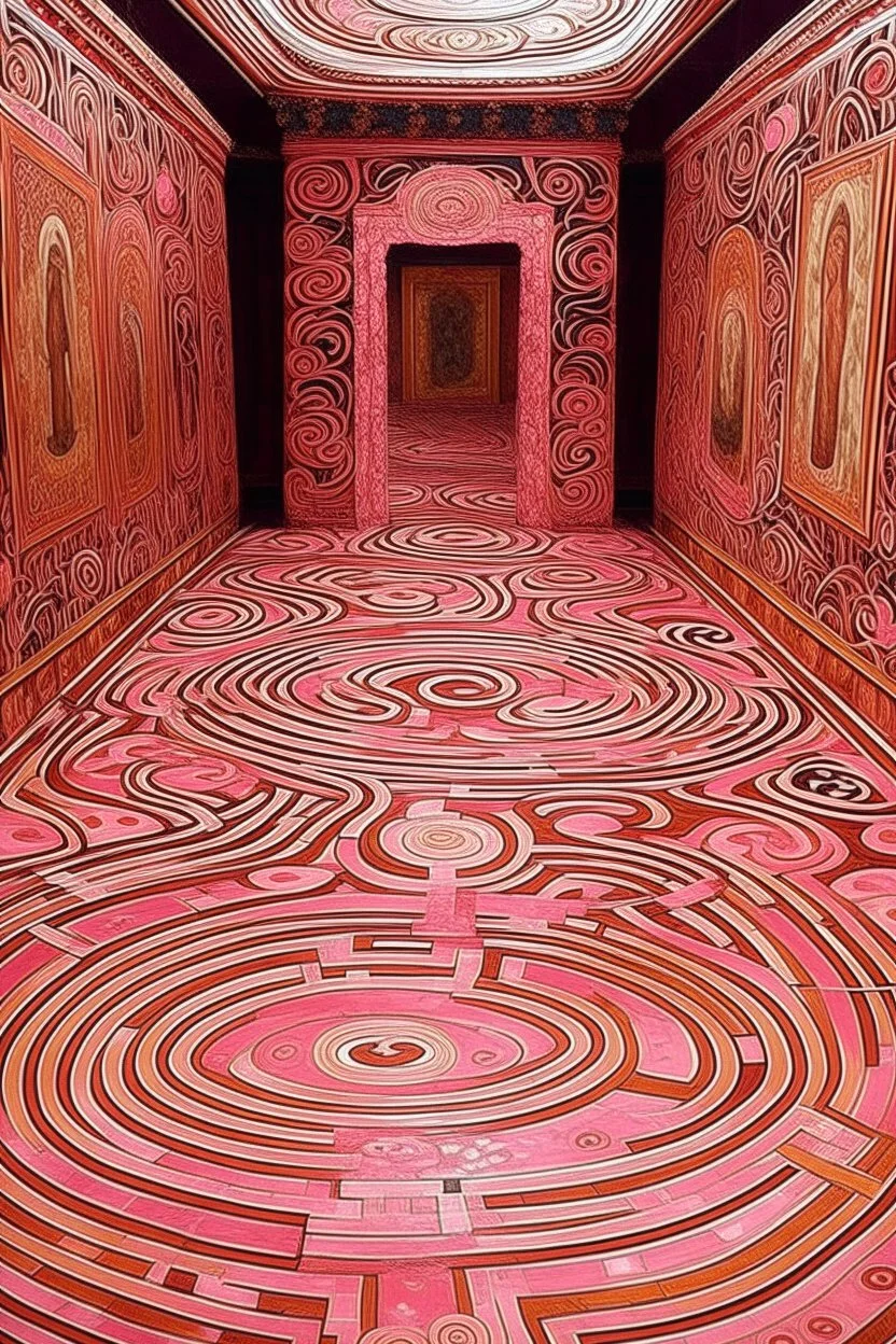 A rosy pink mystical labyrinth with puzzling paths painted by Gustav Klimt