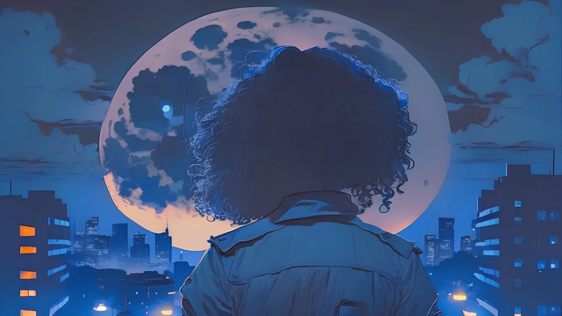 A dark, moody cover featuring a silhouette of a woman with curly hair wearing an old army jacket, cityscapes, full moon, sweet smooth beat lofi vibe, blue lofi tones