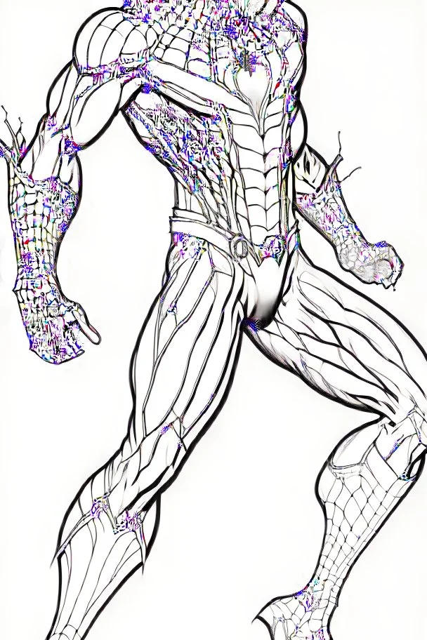 outline art An evolved Spider Man. Superman... advanced cinematic lighting, high resolution 3D render art coloring pages with witch, white background, Sketch style, full body, use outline, Mandala style, clean line art, white background, no shadows and clear and well