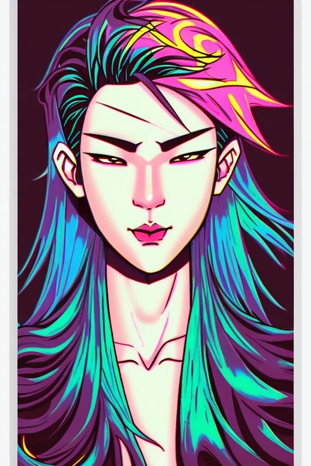 asian androgynous person, in 80's comic illustration, piercings,rainbow hair, androgynous look, epic colour treatment, cinematic colour treatment