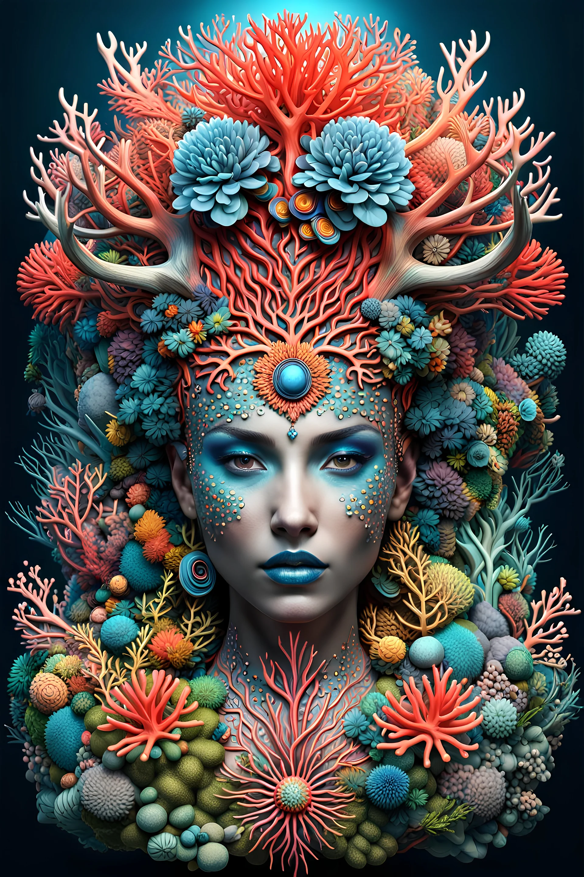 3D rendering of Expressively detailed and intricate of a hyperrealistic “coral”: front view, colorful, antler, rainforest, tribalism, detailed with flowers, shamanism, cosmic fractals, dystopian, octane render, 8k post-production, dendritic, artstation: award-winning: professional portrait: atmospheric: commanding: fantastical: clarity: 16k: ultra quality: striking: brilliance: stunning colors: amazing depth