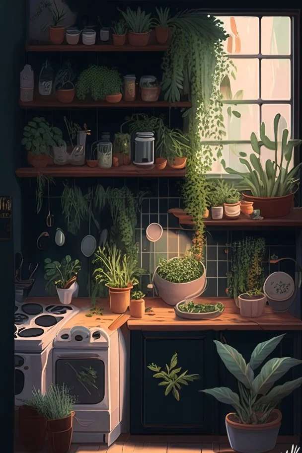 cozy vibes art kitchen herbs