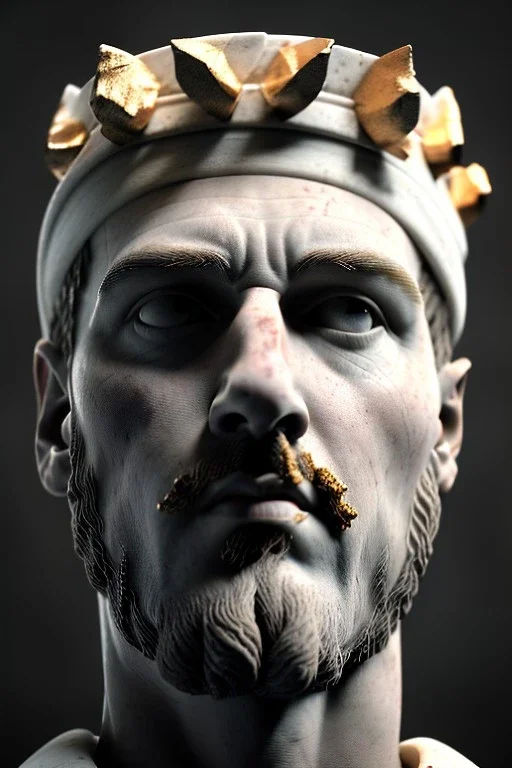 Ultra Realistic image, Roman sculpture, white marble material, Lionel Messi, gold crown of natural thorns, god crown, Renaissance style, sun rays background, waist up portrait, epic, celestial, cinematic lighting, God lights, 4k resolution, smooth details, soft lighting, unreal engine 5, art station, substance 3d.