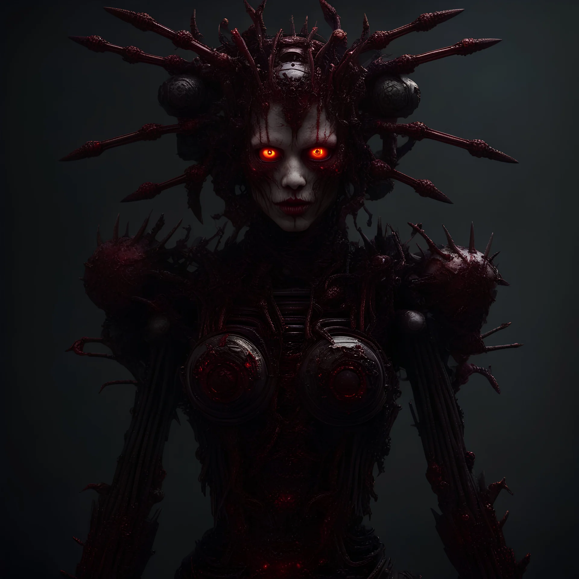 Demonic mechanical creepy aggressive necrophage zombie undead girl with scary red eyes, in a spiky mechanical suit with tubes, dark fantasy horror, Filigree, Aesthetically pleasing, Realistic, Professional photo, 4k, hight resolution, higly detailed, 30mm lens, 1/250s, f/2.8, ISO 100