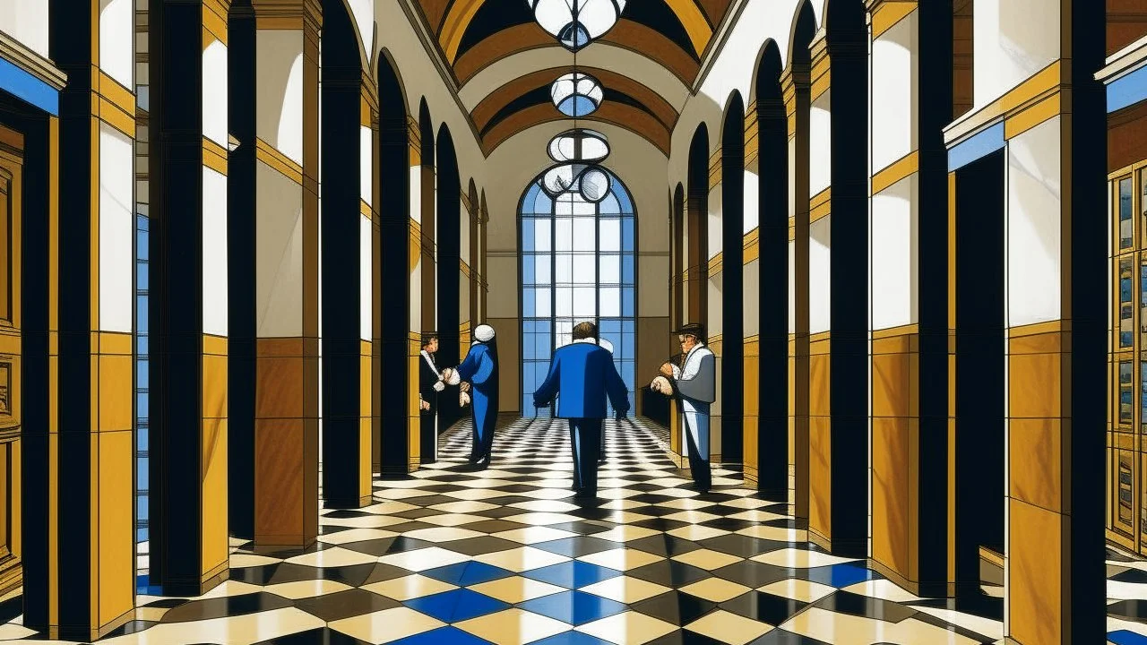 A large indoor hallway with a checkered tile floor and high ceilings. The walls are made of dark wood panels and there are arched doorways leading to other rooms. Several people are walking through the hallway, some wearing suits and others in casual clothing