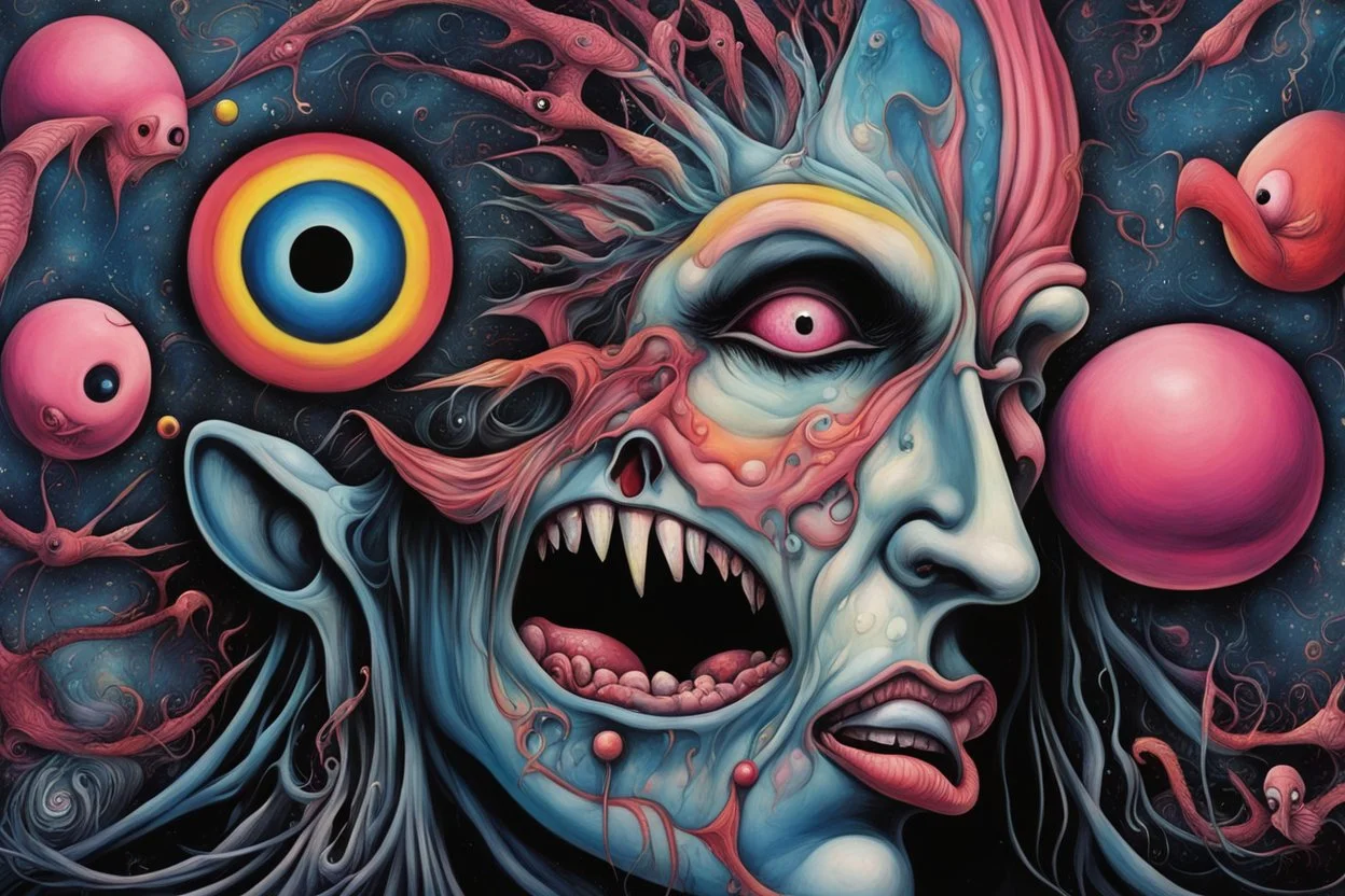 got to be crazy Raving and Drooling || horror surreal tribute to Pink Floyd, expansive, sharp focus, in the styles of Gerald Scarfe and Joan Miro and Clive Barker and Kenny Scarfe, intricate details, visceral textures