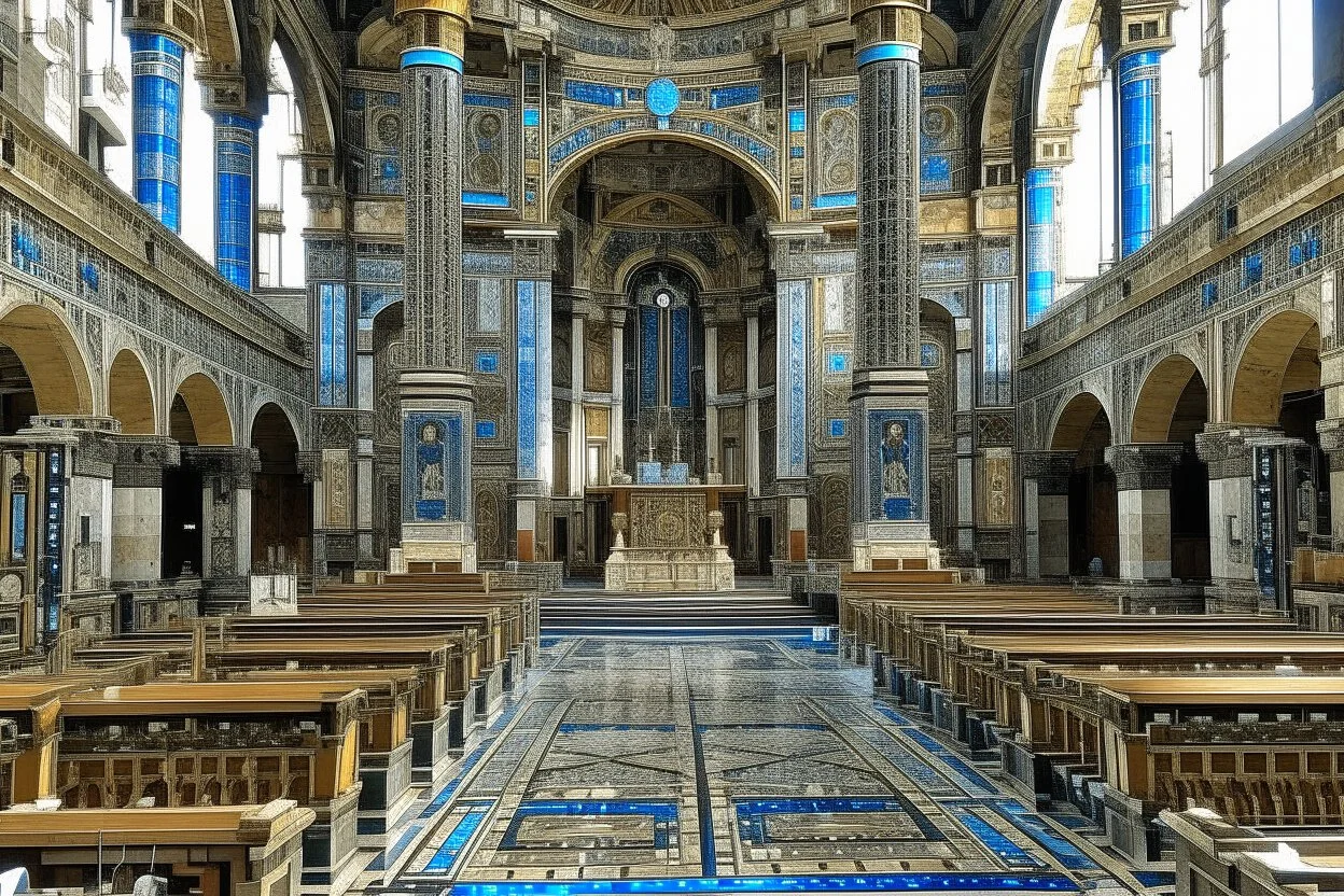 Cathedral with machines designed in Greek mosaics