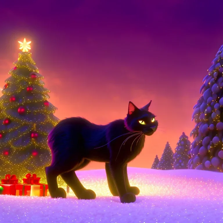 black Cat tangled up in christmas tree lights holiday