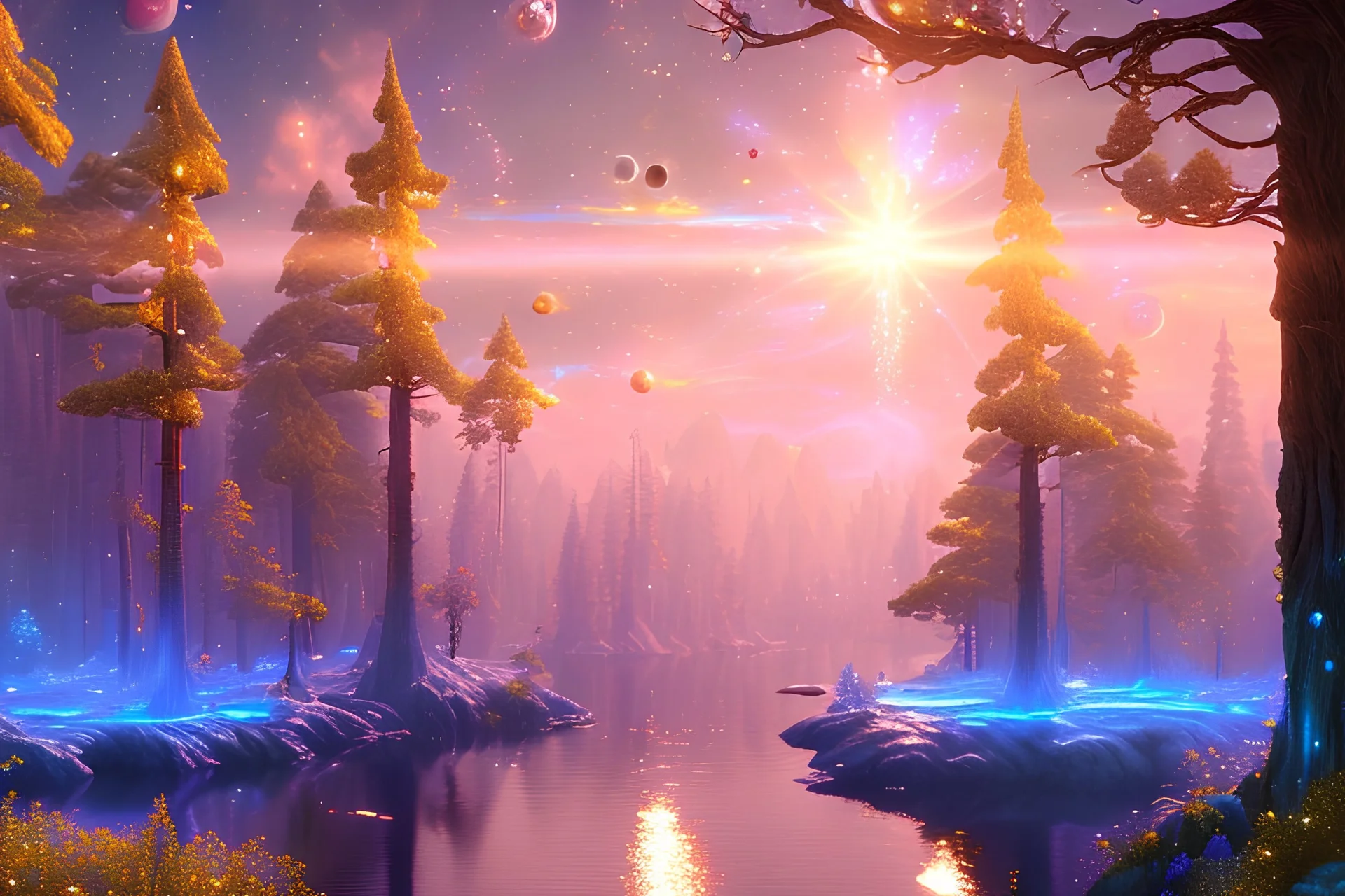 blue and gold crystal cosmic and galactic ambiance sky trees river lake, full of details, smooth, bright sunshine，soft light atmosphere, light effect，vaporwave colorful, concept art, smooth, extremely sharp detail, finely tuned detail, ultra high definition, 8 k, unreal engine 5, ultra sharp focus