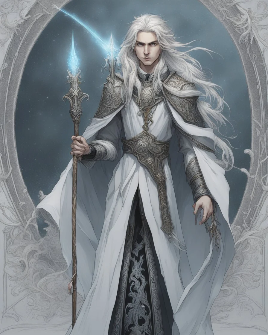 a young High Elf frost Wizard with long wiry hair, wearing a black trimmed white nobleman's robe and frost ornaments on clothes, holding an ornate wizard's staff.