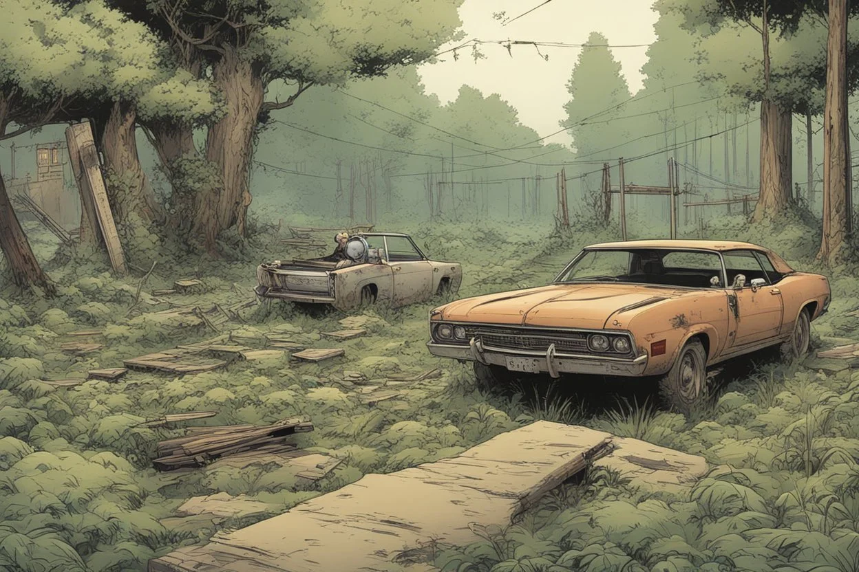 clearing, yard, forest,overgrown, post-apocalyptic, comic book,