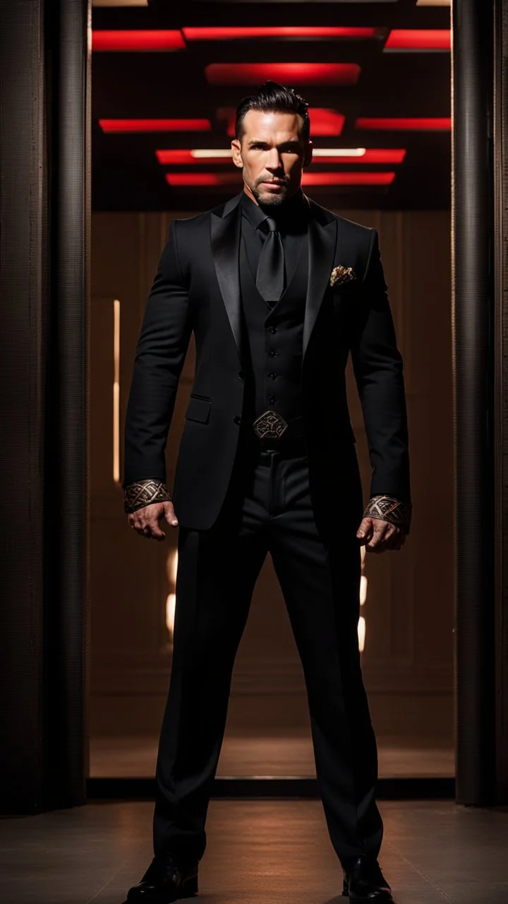 Jason David Frank as a Very muscular alpha male with short hair and tribal tattoos. wearing a black designer suit , standing in a doorway