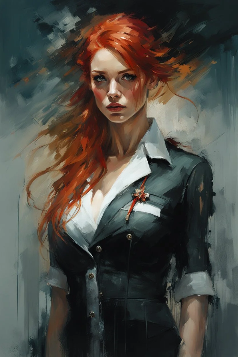 muscular stunning tall redhead russian woman 24yo sexy nurse costume :: dark mysterious esoteric atmosphere :: digital matt painting with rough paint strokes by Jeremy Mann + Carne Griffiths + Leonid Afremov, black canvas