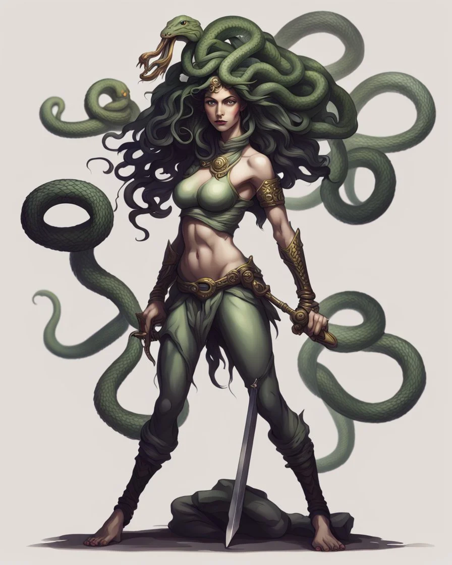 detailed persona, female, sword in hand, gorgon medusa, half turn, full height, leans on one leg, snakes on the head instead of hair