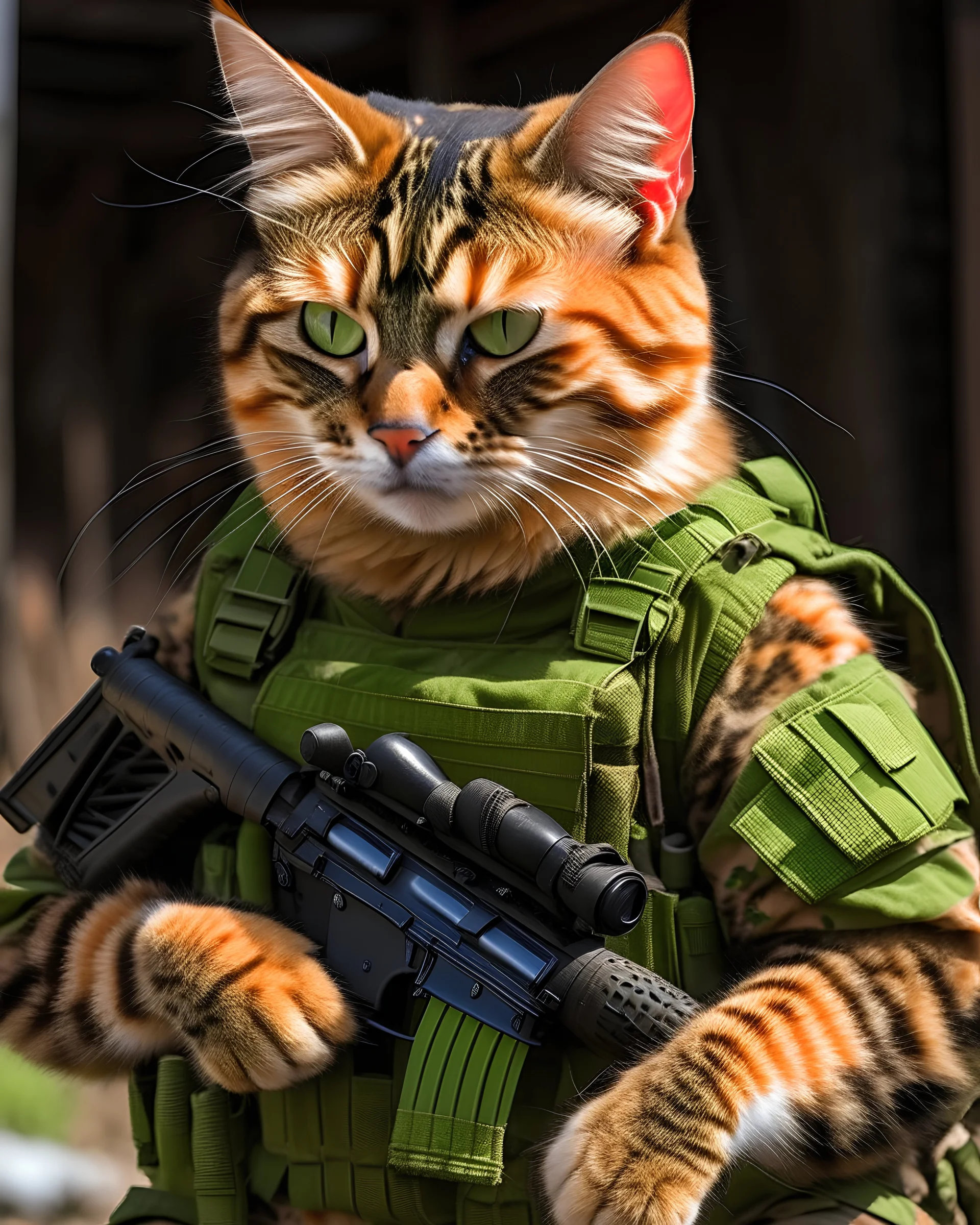 a cut cat soldier wearing a camo uniform, armed with an AR-15