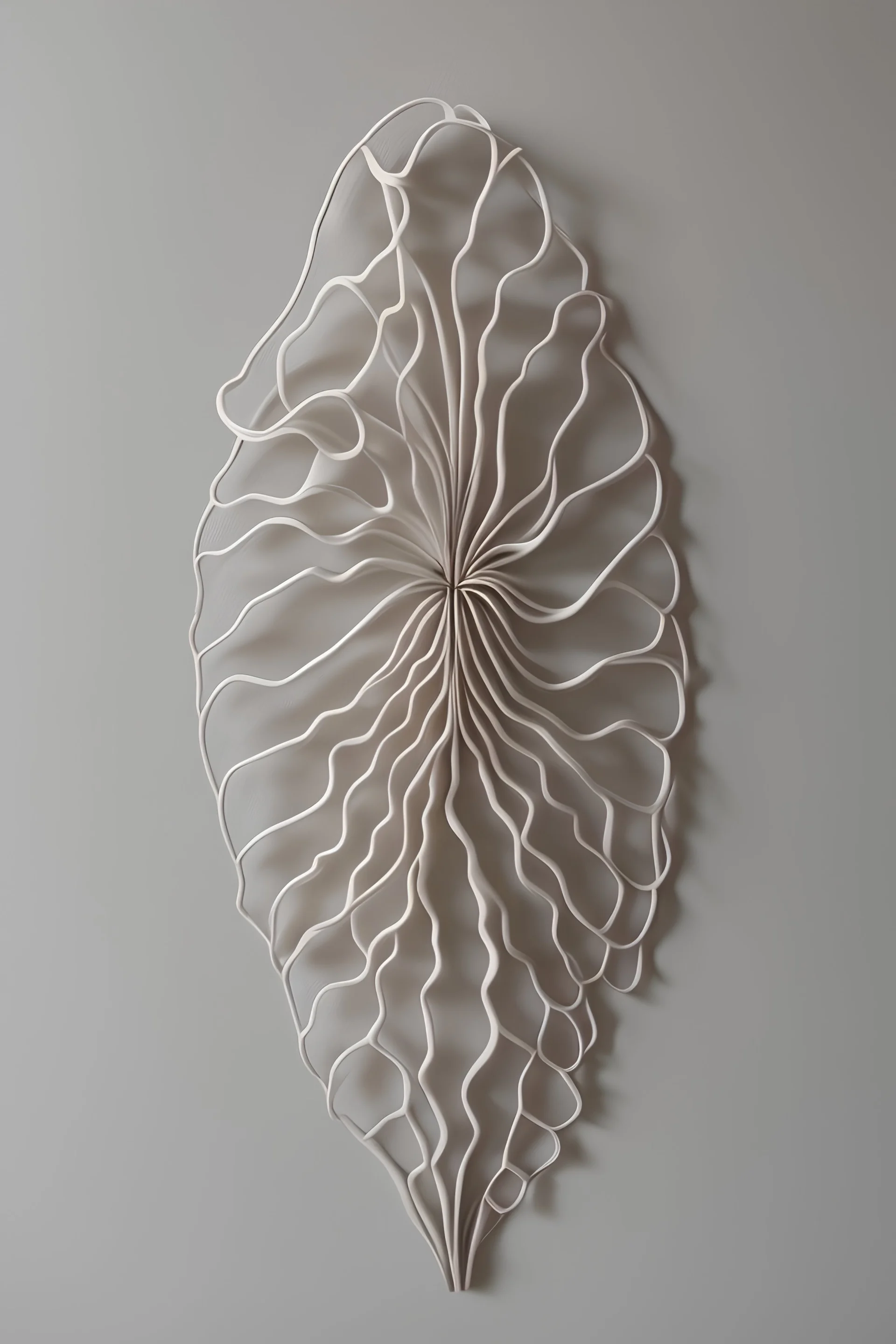 Escultura orgánica en muro con tonos neutros, estilo minimalista